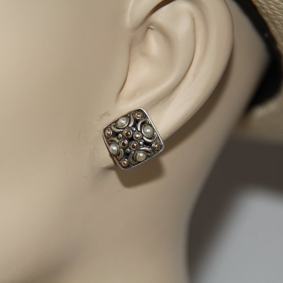John Hardy Jaisalmer 18k Gold Sterling Silver Pearl Dot Square Earrings. RARE - Picture 2 of 12